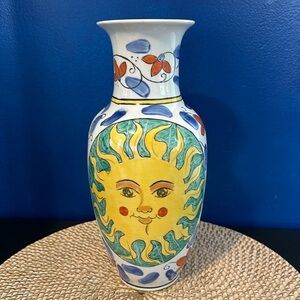 Vintage 60s Sunburst Hand Painted Ceramic Blue Yellow World Bank Chinese Vase